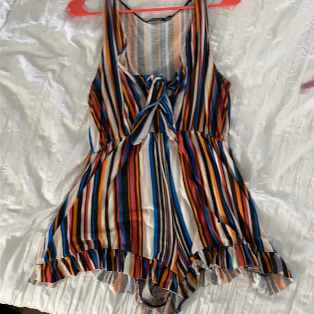 boohoo striped romper with ruffle trim